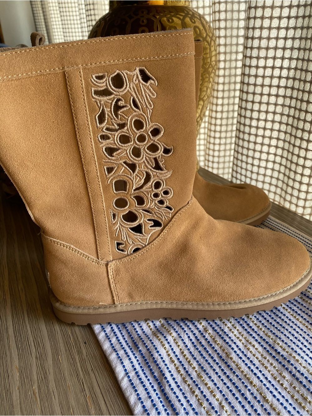 Women’s Suede Mid-Calf Boot with Floral Cutout Tan Sz 11 NWT
